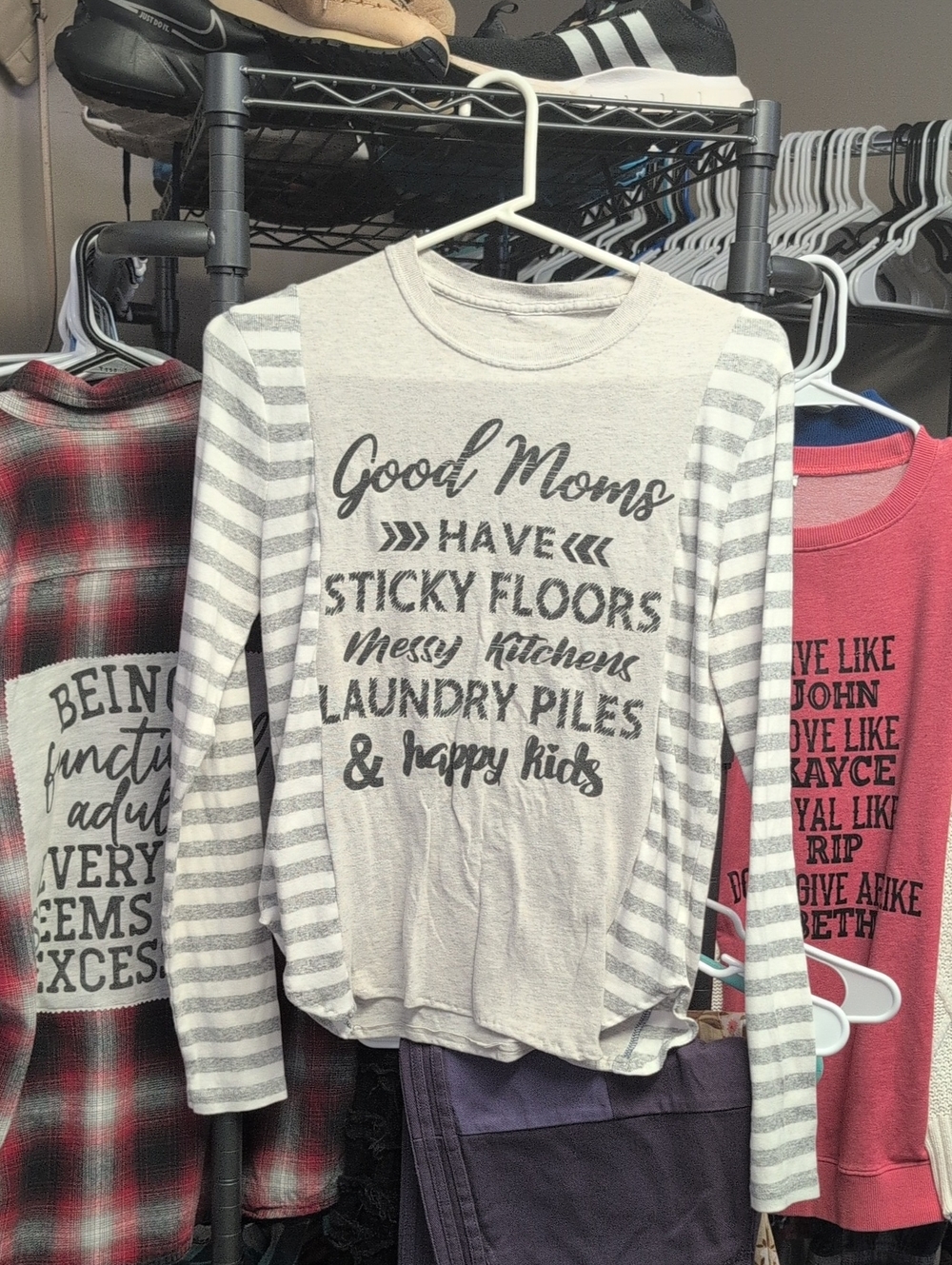 Good Moms Long-Sleeve Graphic Tee - Light Gray Stripe Upcycle 1 Of 1